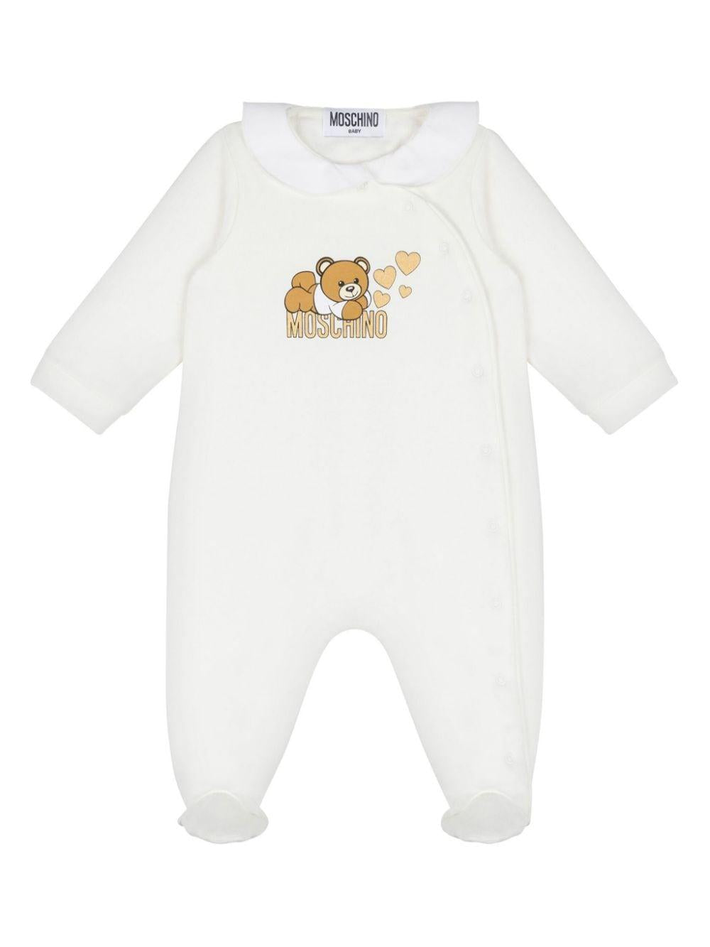 White baby onesie with logo