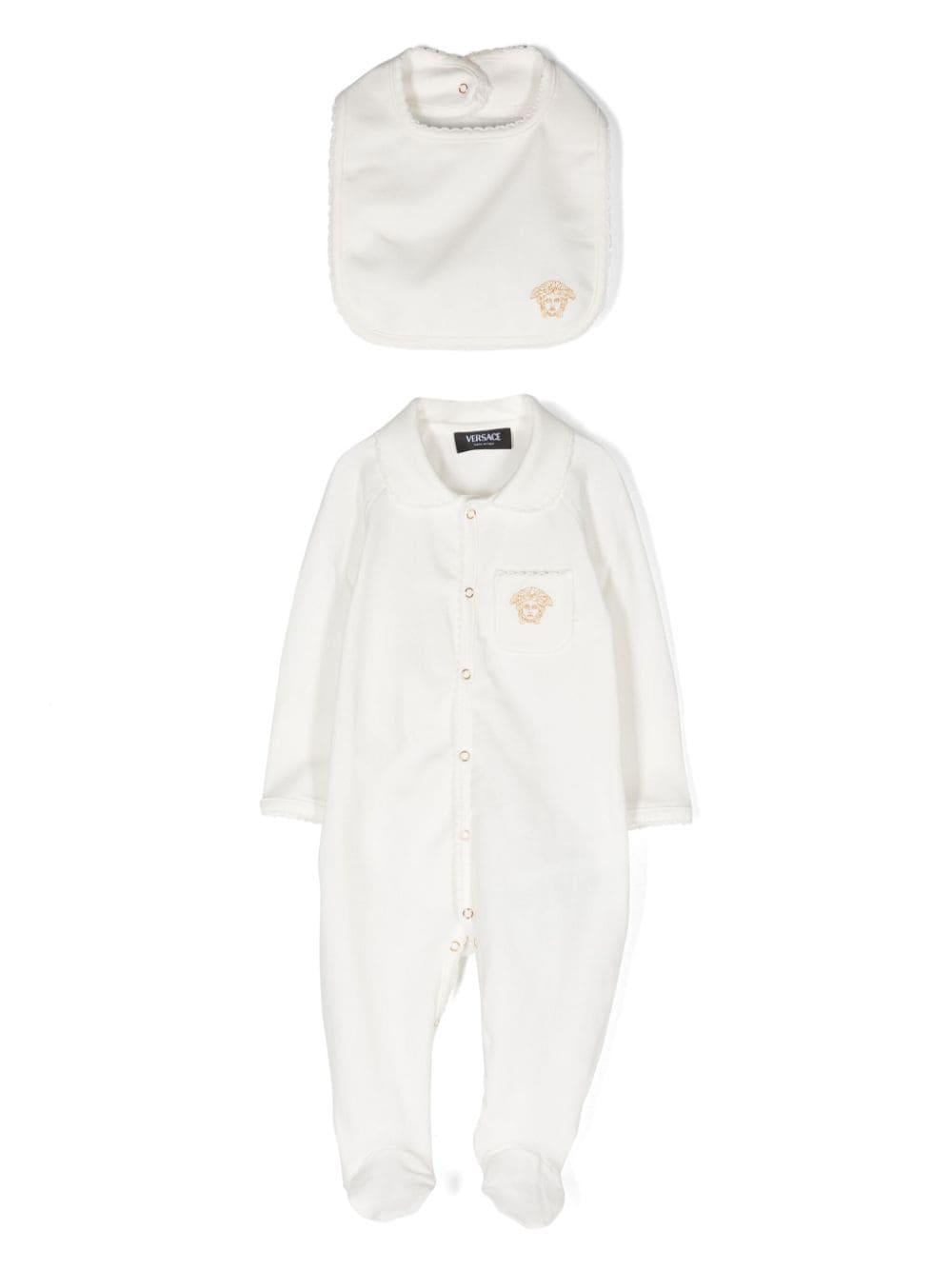 White baby onesie with logo