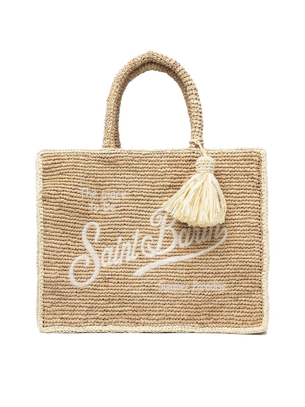 Borsa beige in rafia per bambina con logo