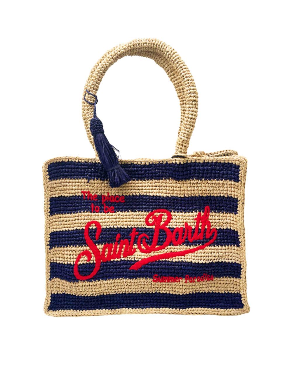Borsa beige e blu per bambina in rafia