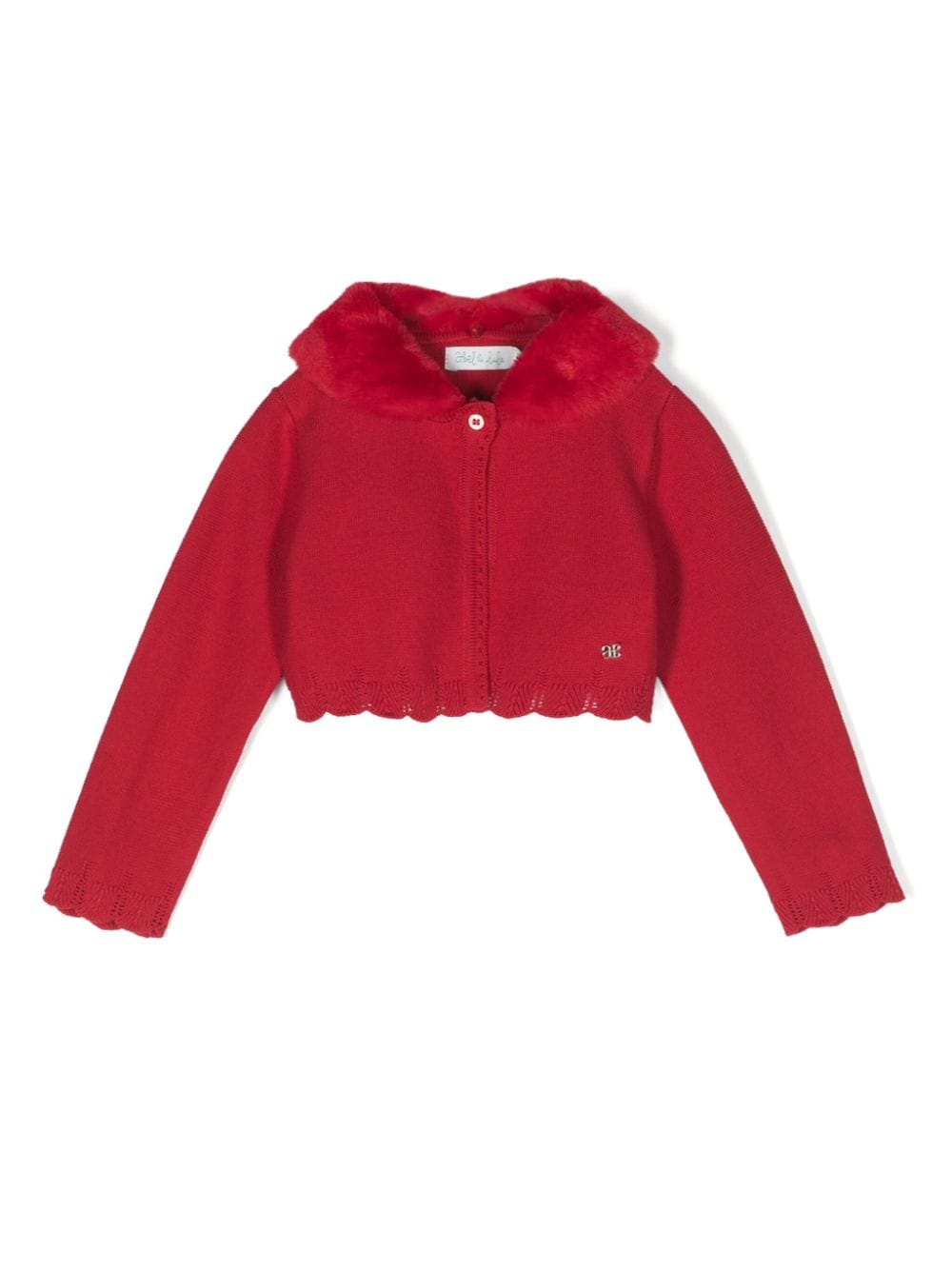 Cardigan rosso per neonata con collo in pelliccia