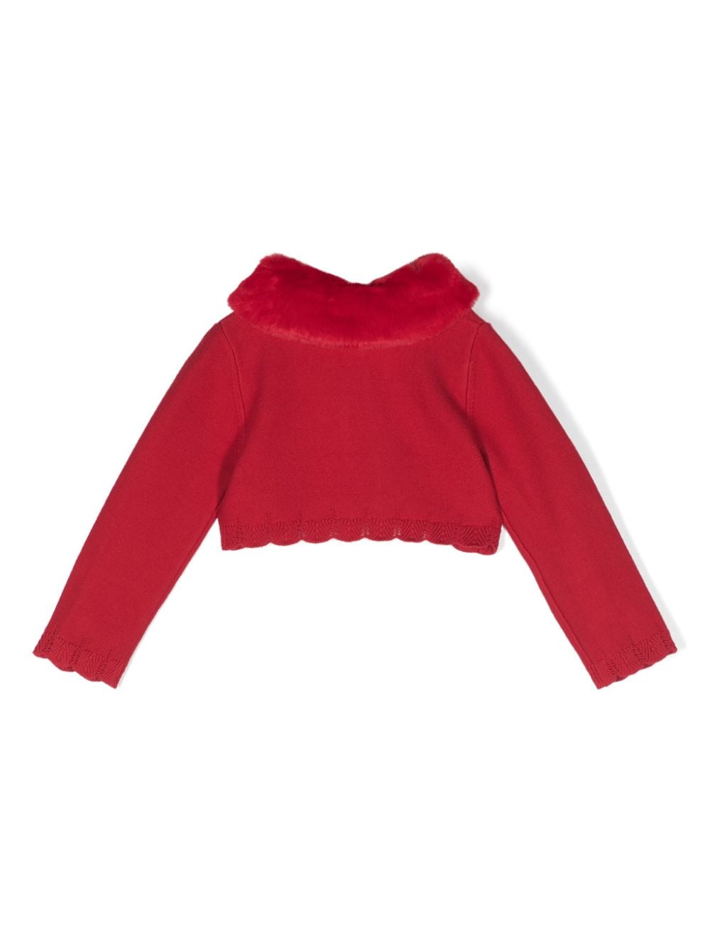 Cardigan rosso per neonata con collo in pelliccia