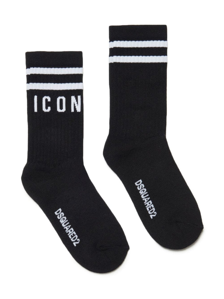 Black socks with white ICON print