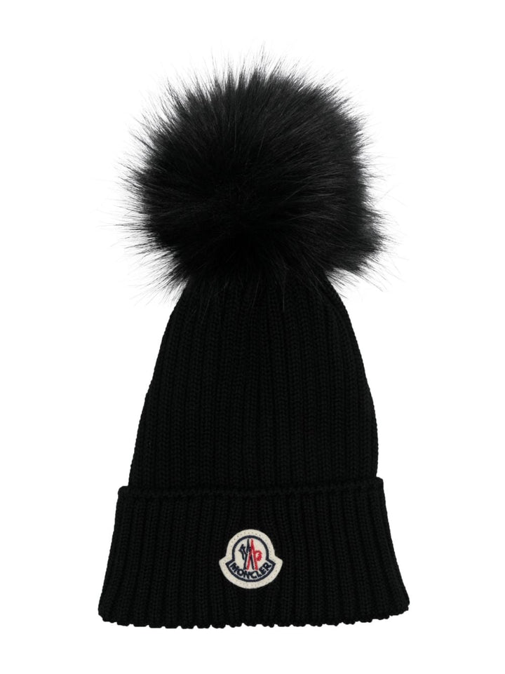 Black hat for children with pompom and logo