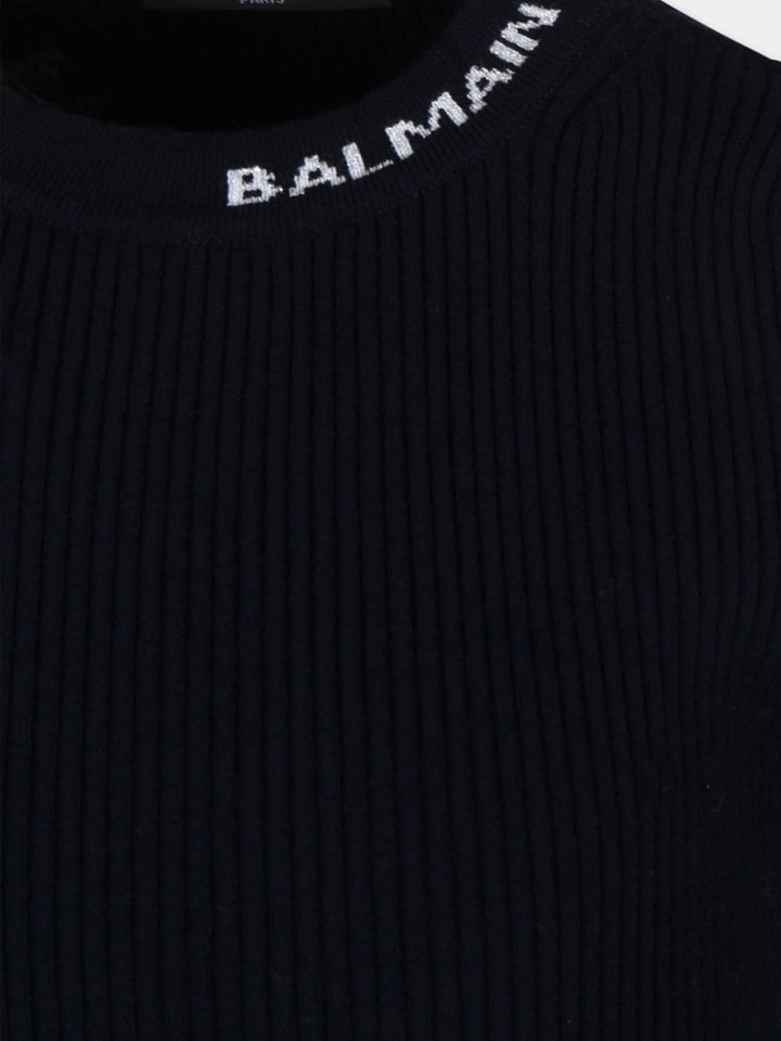 Abito per bambina in maglia blu BV1A80Z2358 649AG Balmain Kids 