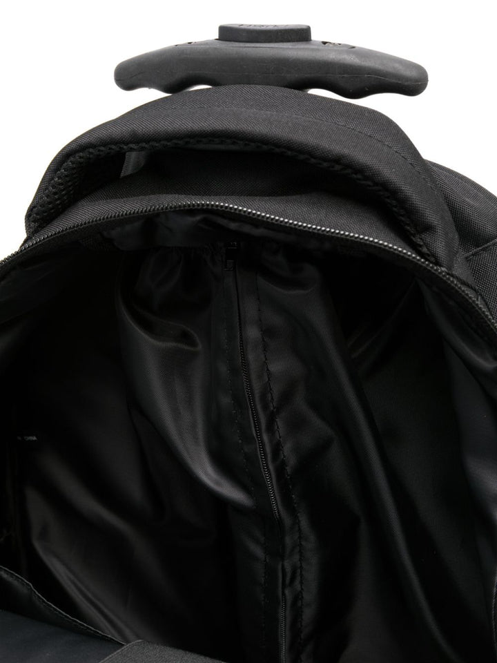 Black unisex backpack with white logo