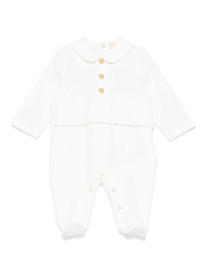 White baby girl onesie with logo