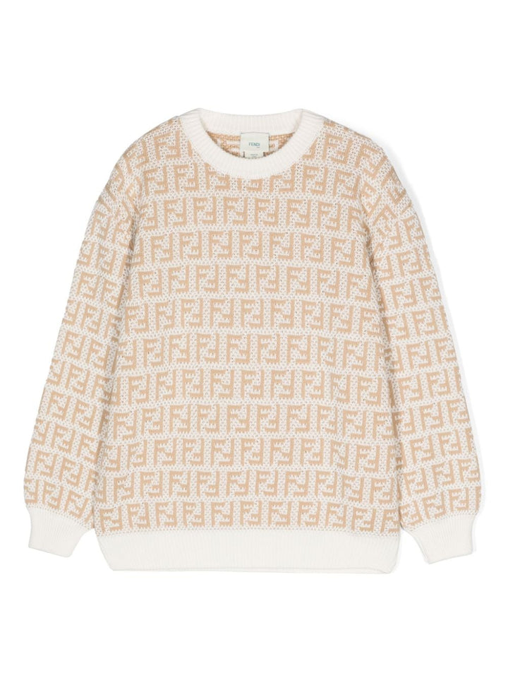 Maglione unisex in cotone bianco e beige JUG175AMJF F1PCP Fendi Kids 