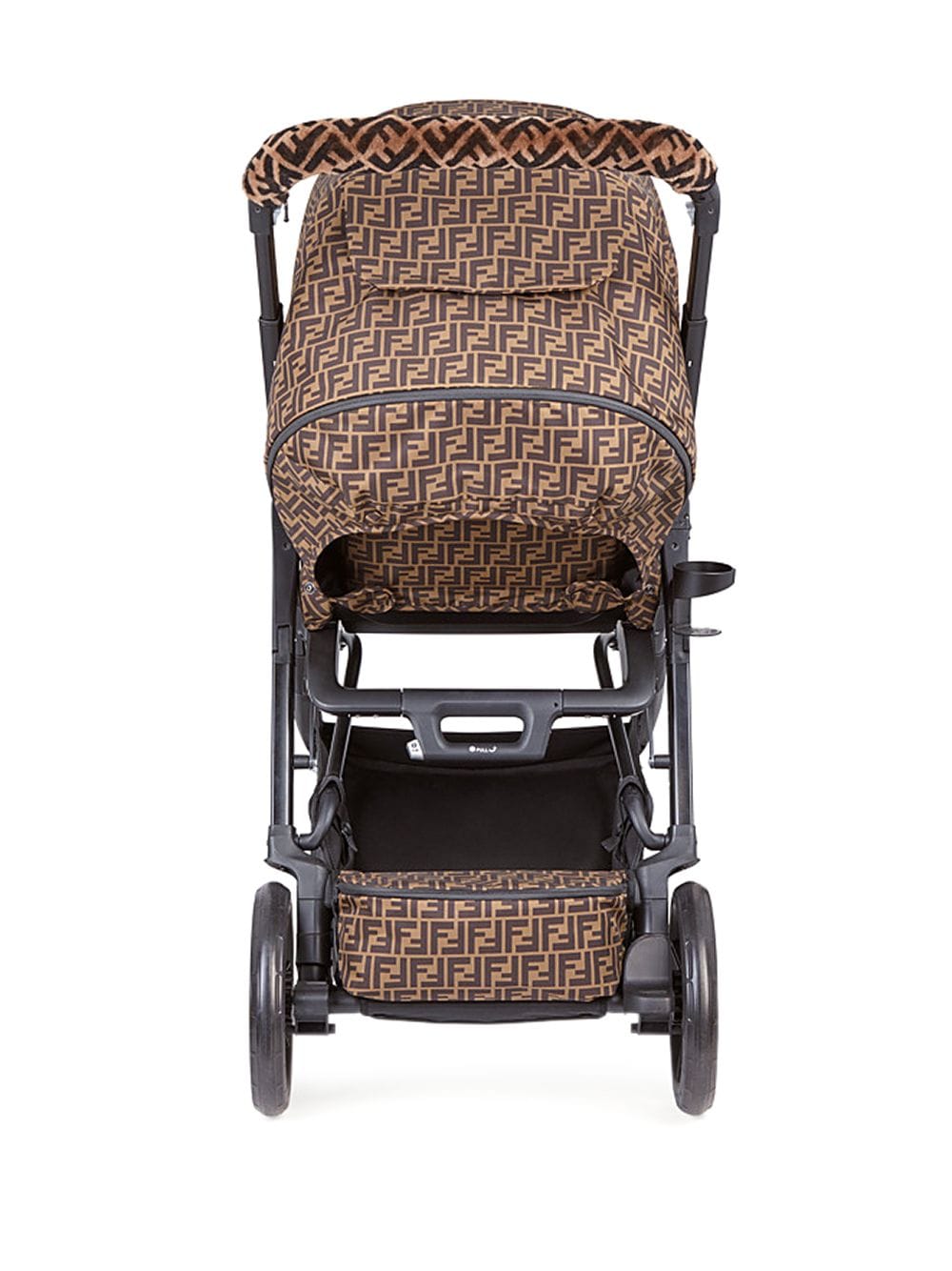 Brown and black baby stroller with logo