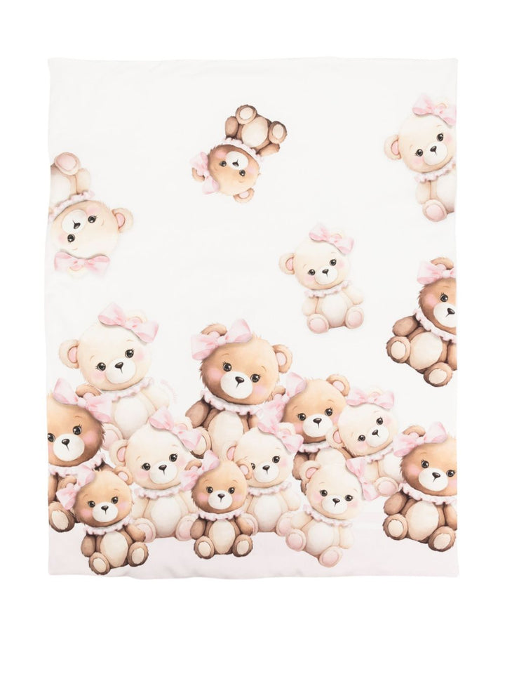 White cotton baby blanket with teddy bear print