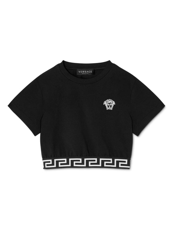 T-shirt crop per bambina in cotone nera