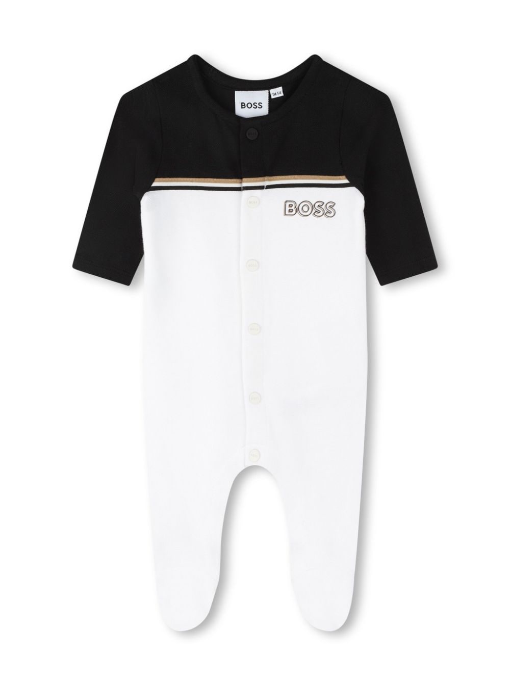 White and black onesie for newborns with logo