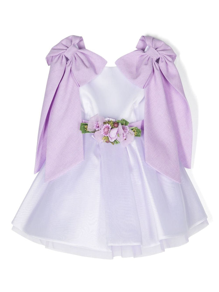 White dress for girls with lavender bow