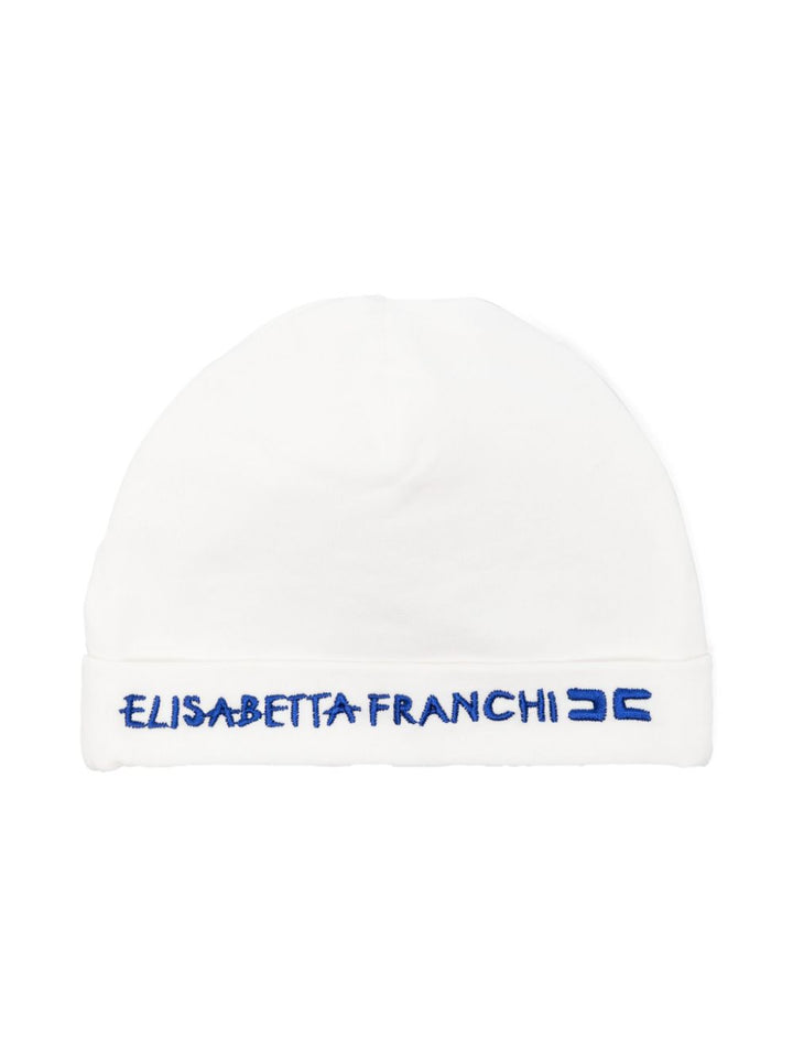 White hat for baby girls with blue logo