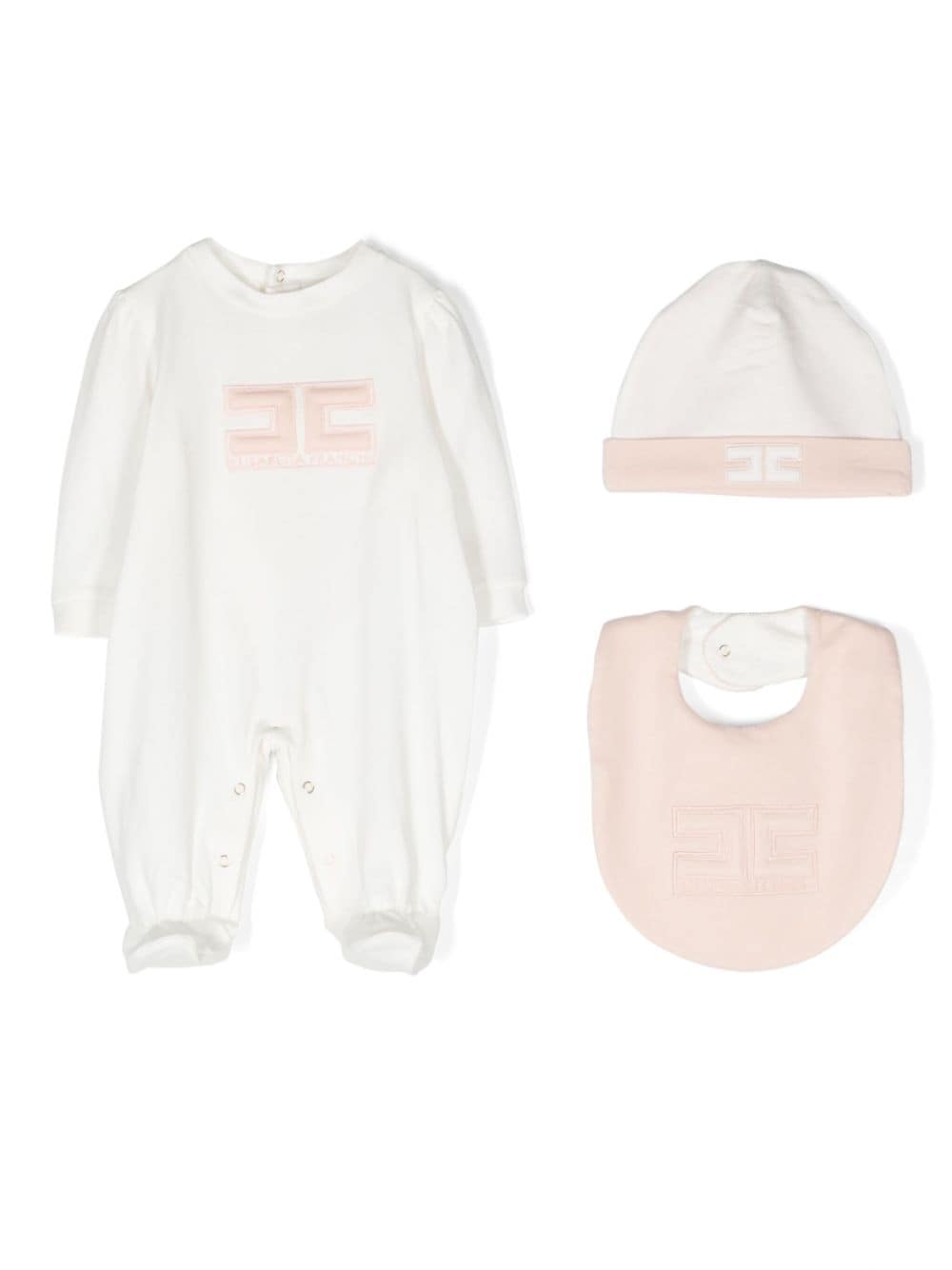 White baby girl onesie set with pink logo