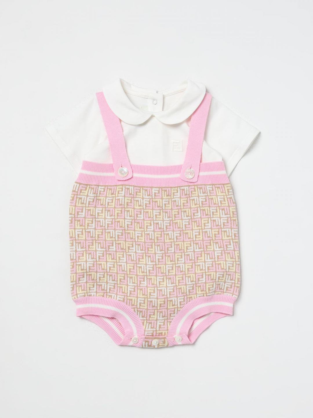 Pagliaccetto neonata con motivo FF e bretelle rosa BFG076AQUF F14OQ Fendi Kids 