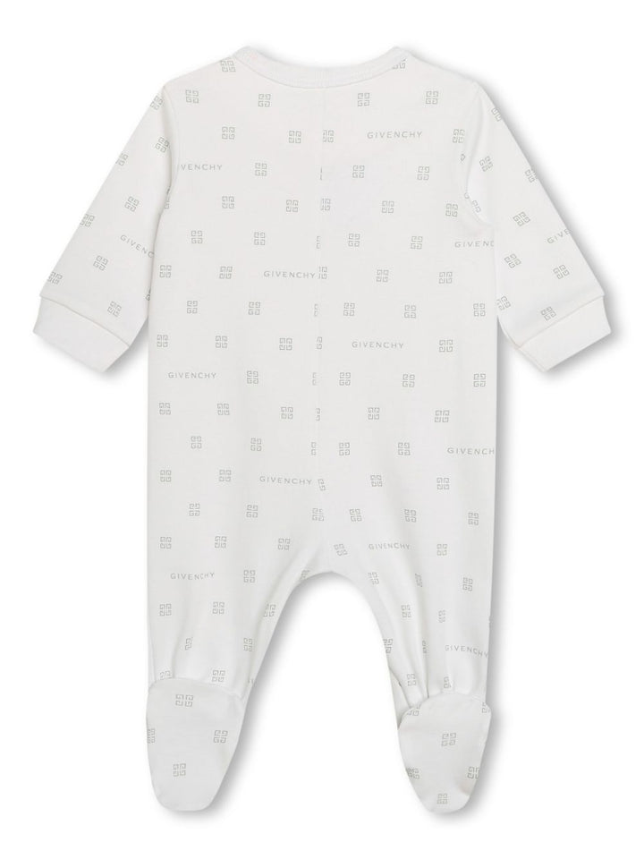 White baby onesie with all-over gray logo