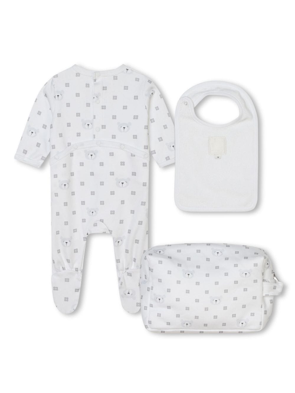 White baby onesie with print