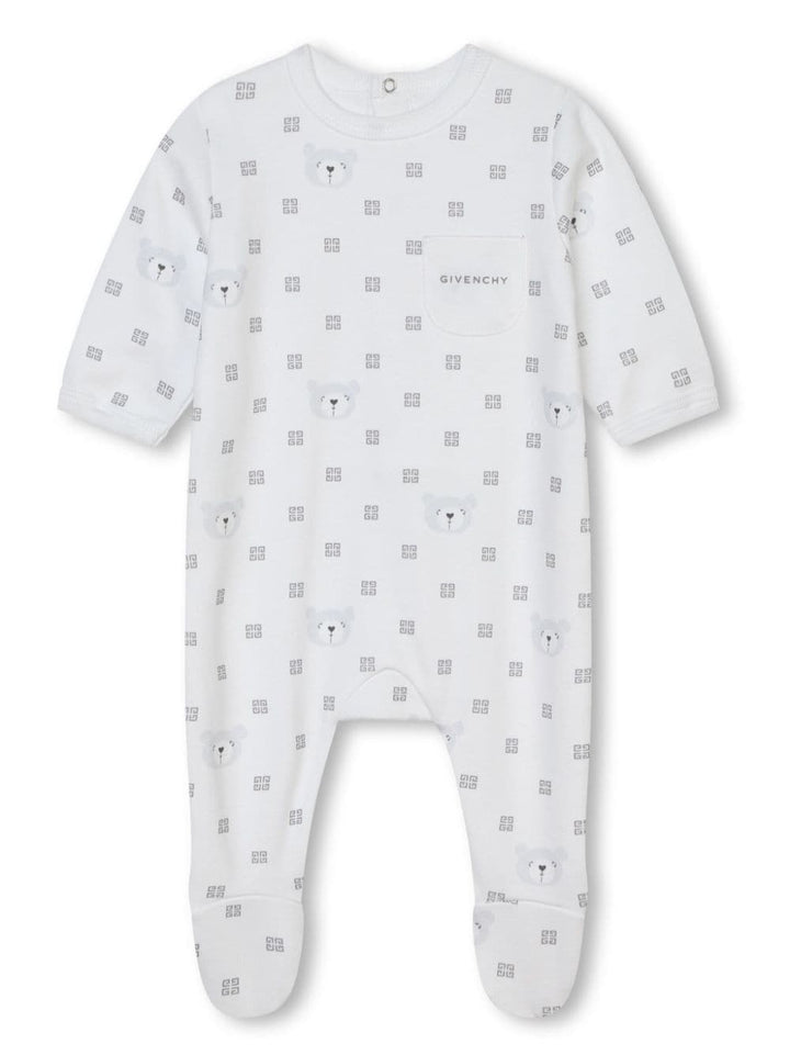 White baby onesie with print