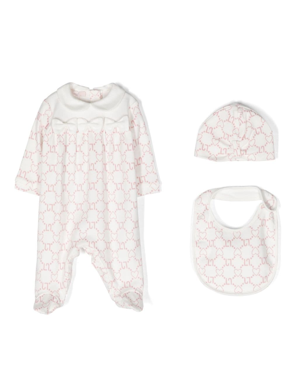 White baby girl onesie with pink logo