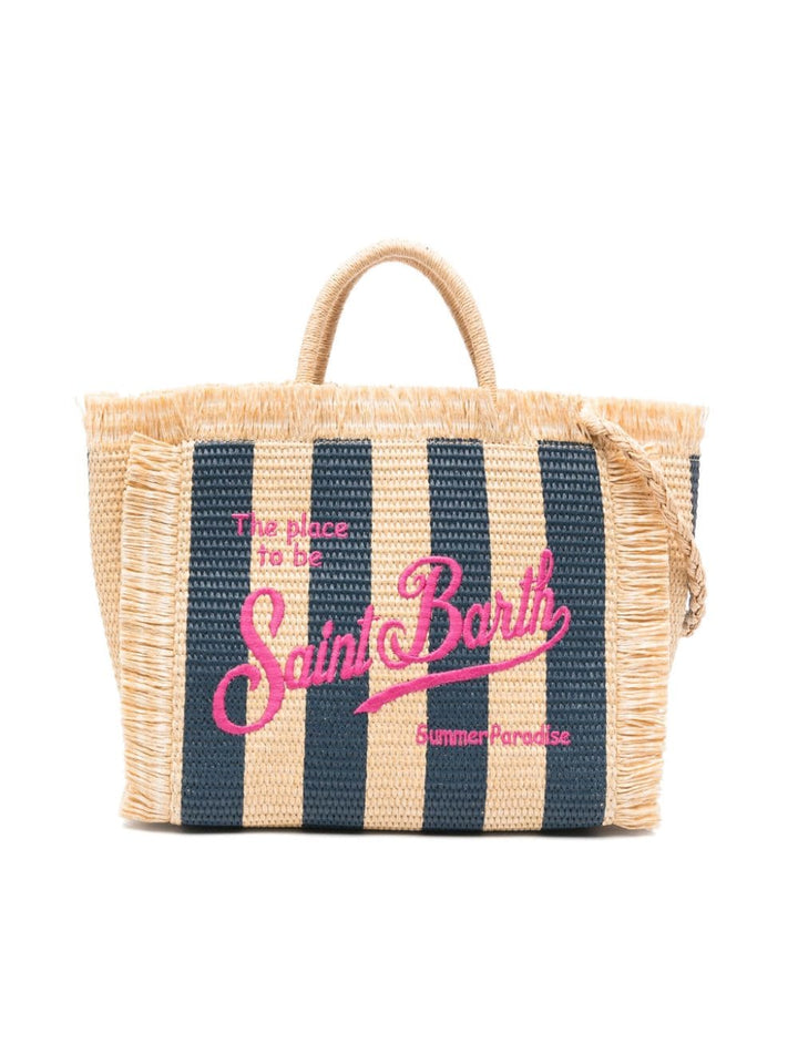 Beige and blue raffia bag for girls with logo