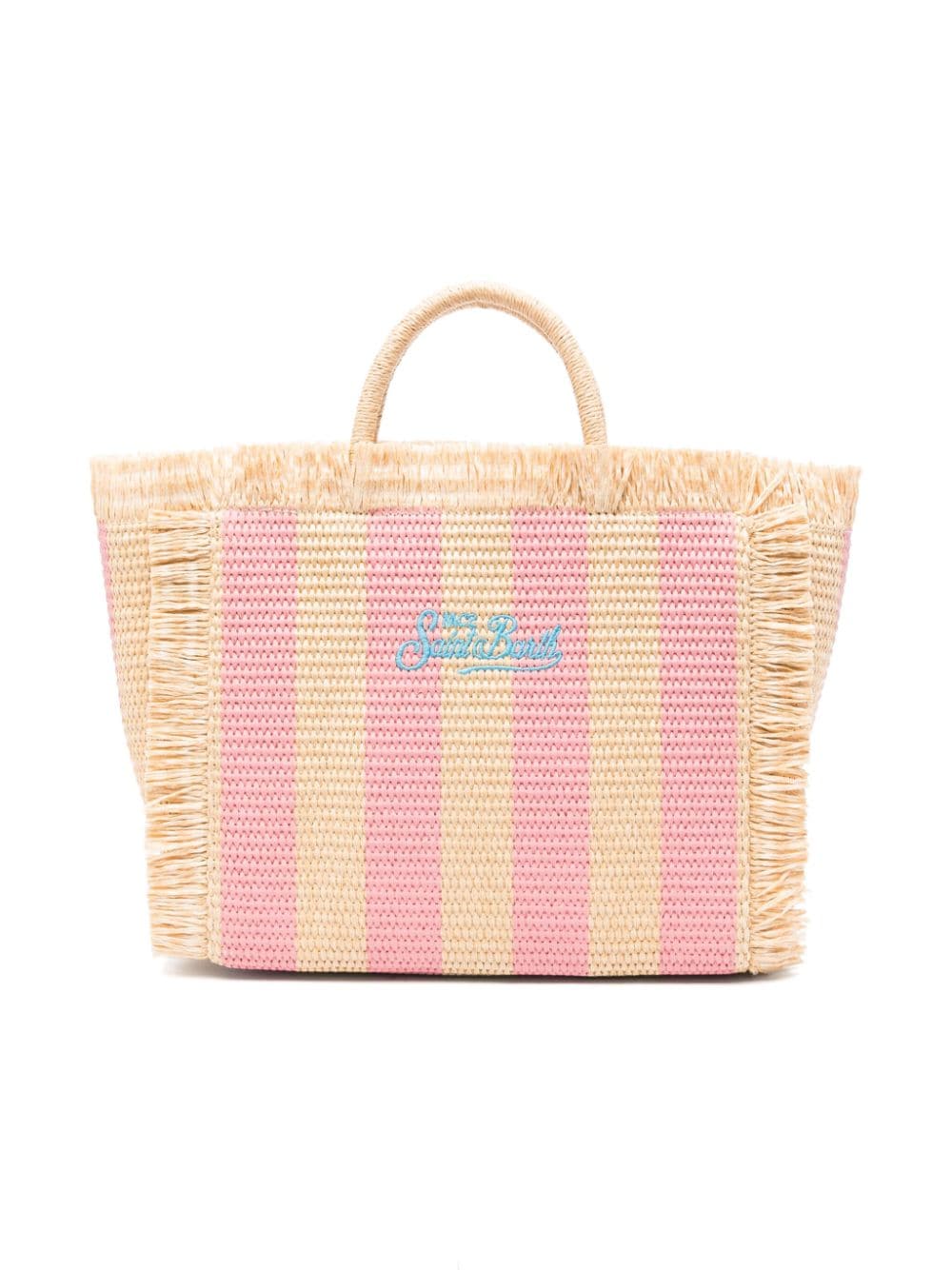 Beige and pink bag for girls with light blue logo