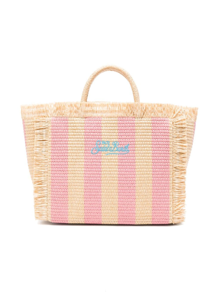 Beige and pink bag for girls with light blue logo