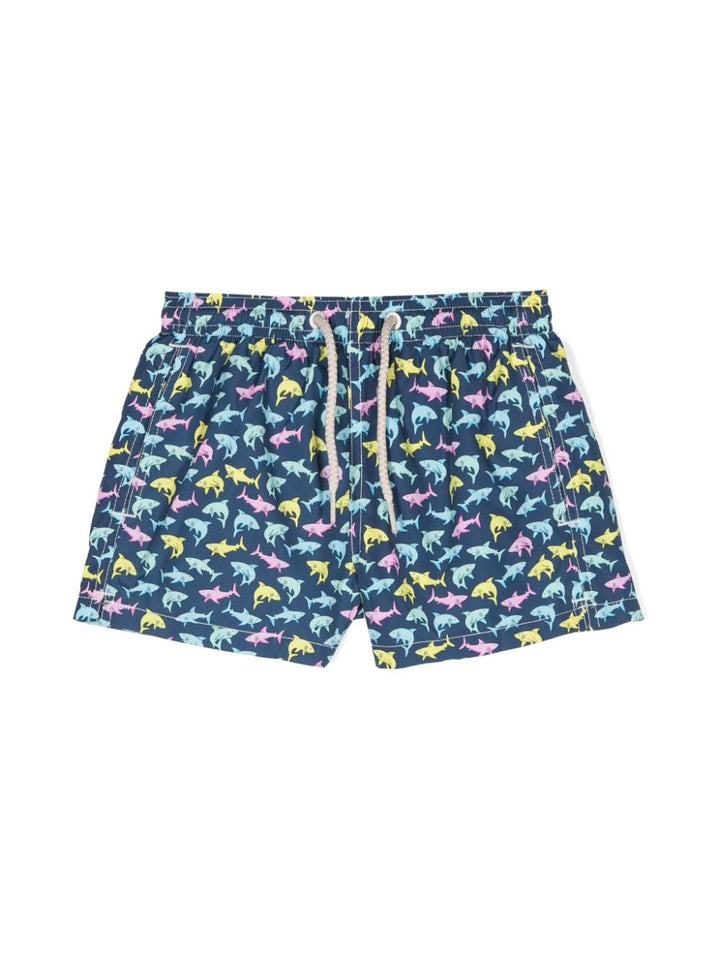 Blue swim shorts for boys with print