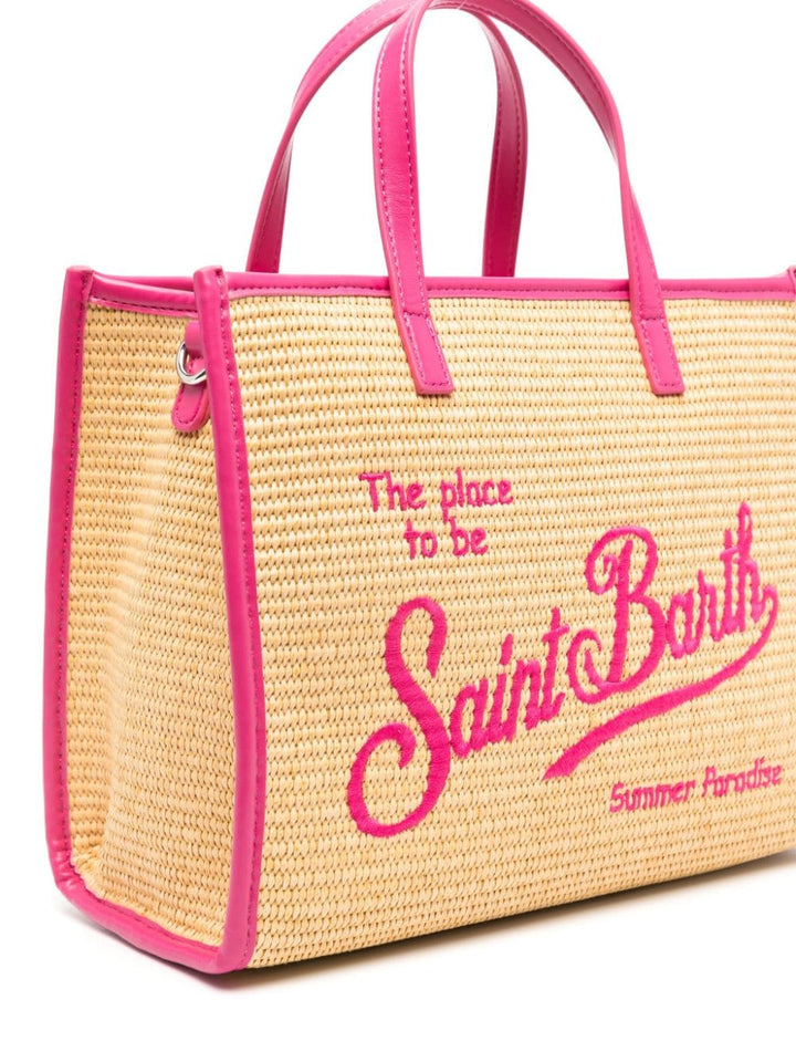 Beige bag for girls with fuchsia logo