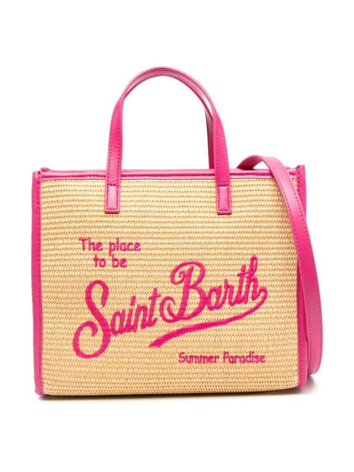 Beige bag for girls with fuchsia logo