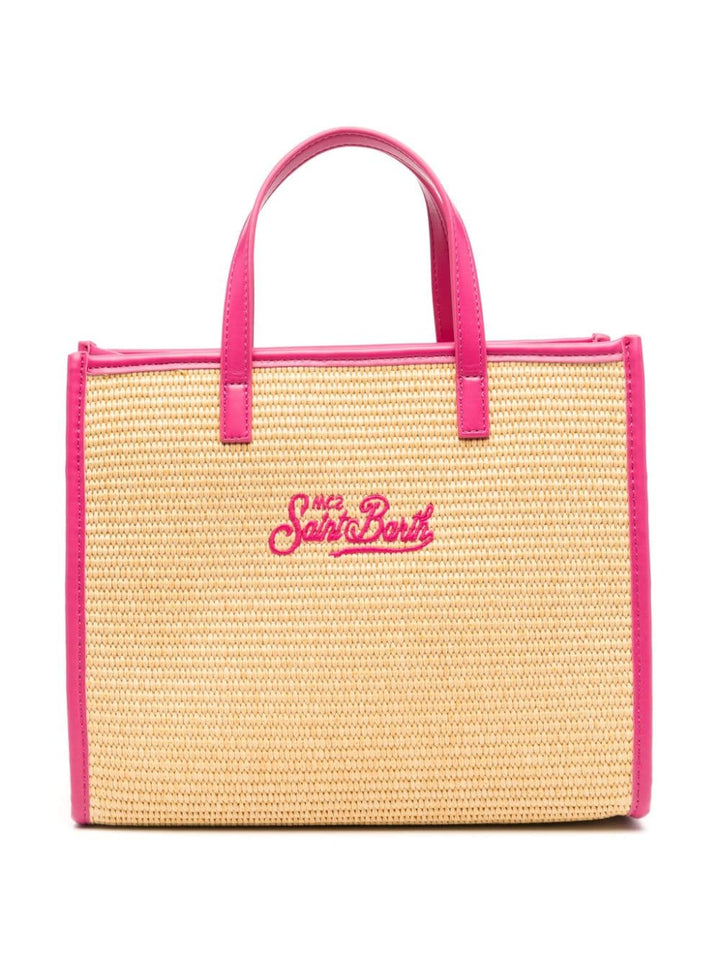 Beige bag for girls with fuchsia logo