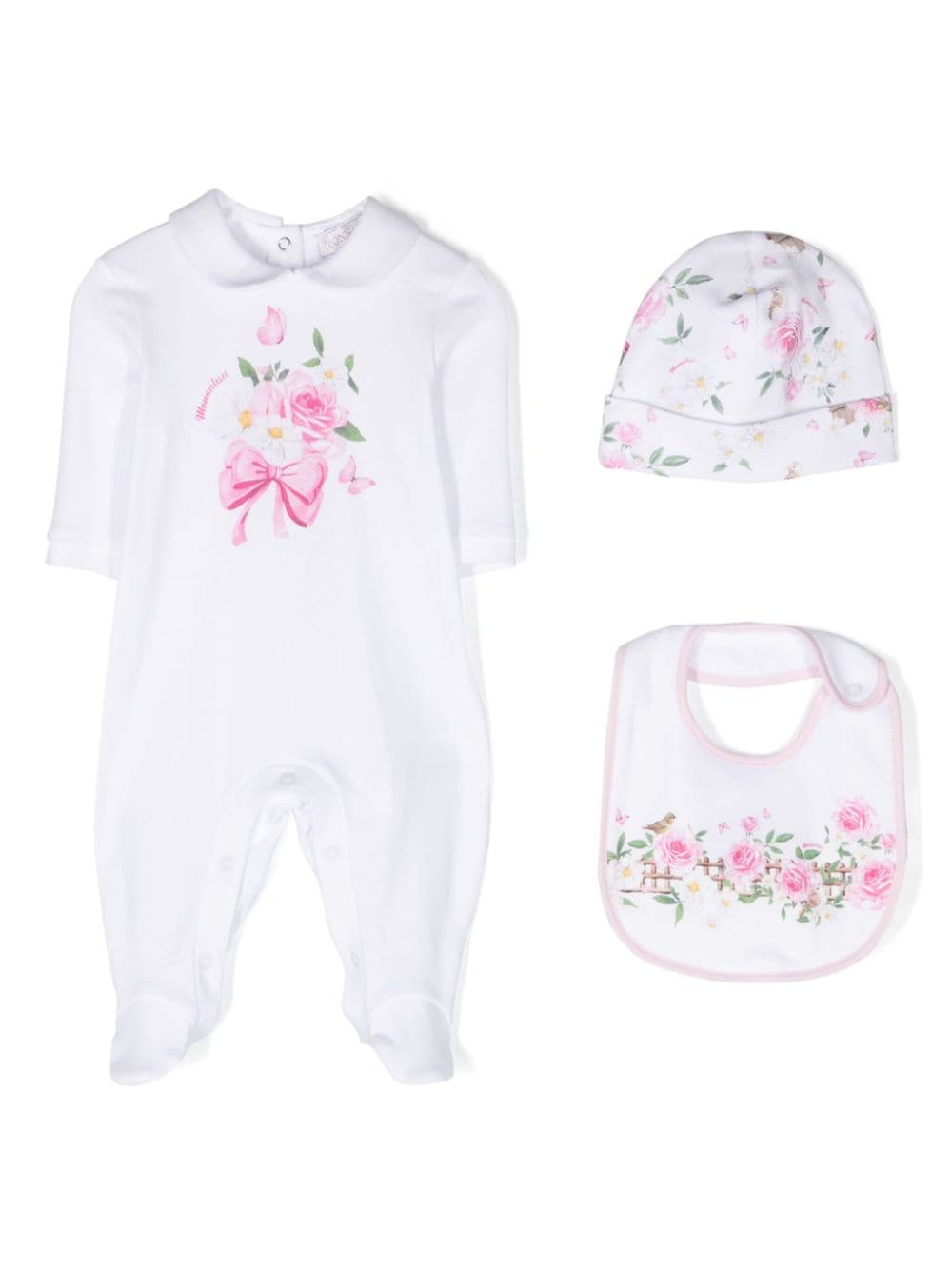 White baby girl onesie with print