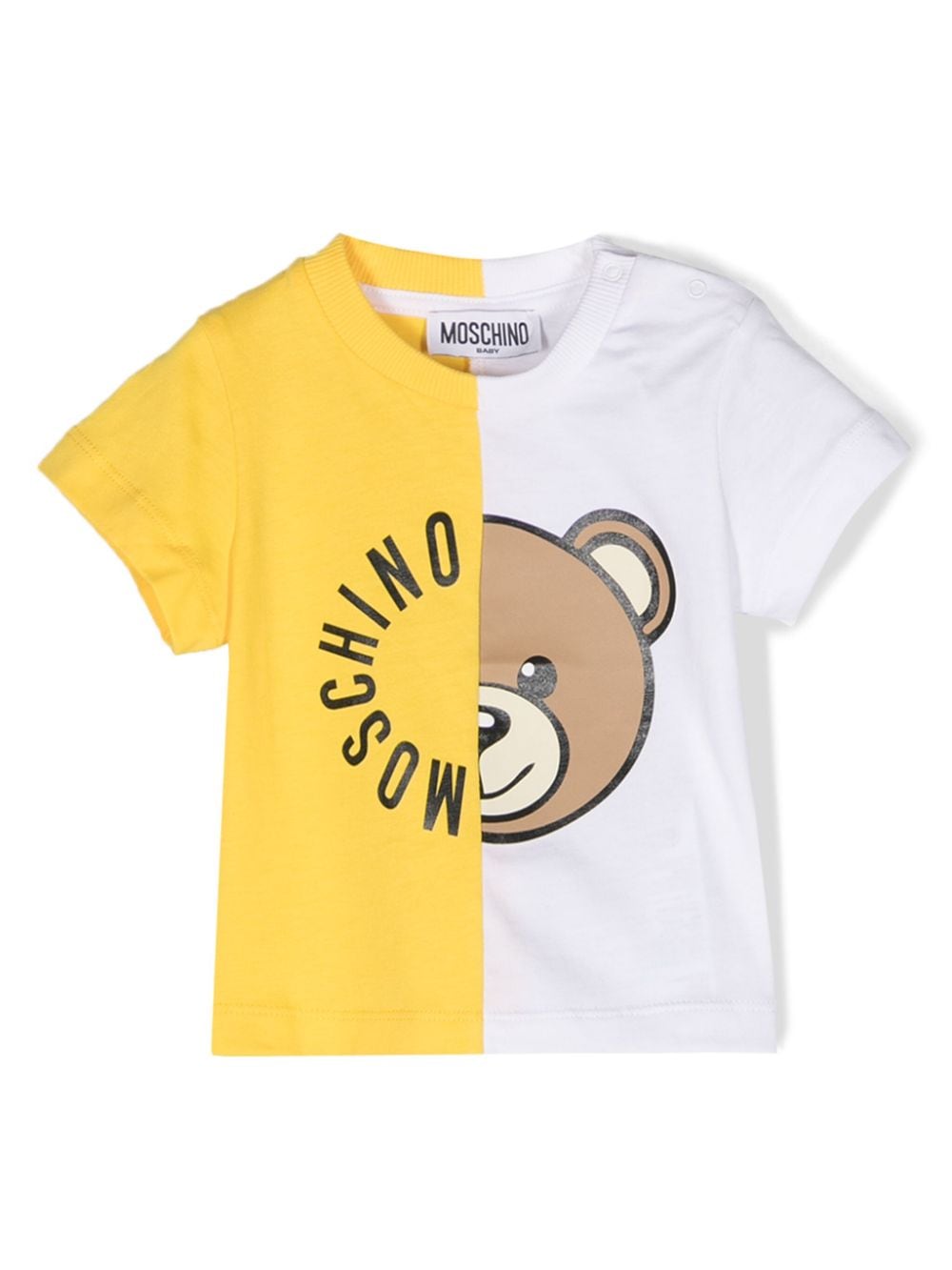 T-shirt bianca e gialla per neonato con logo MUM03RLAA02 50162 Moschino Kids 
