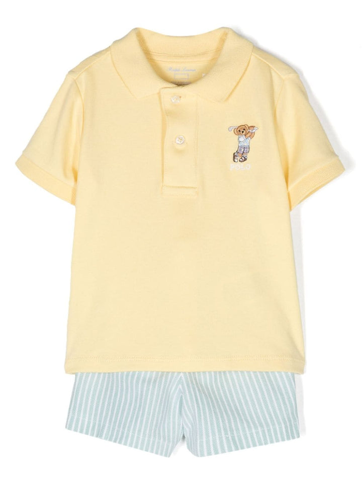 Yellow and blue baby outfit with logo