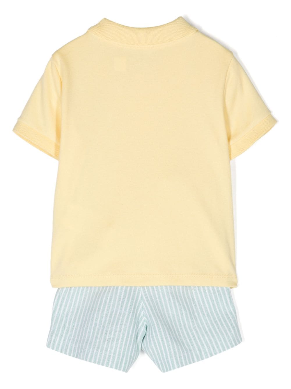 Yellow and blue baby outfit with logo