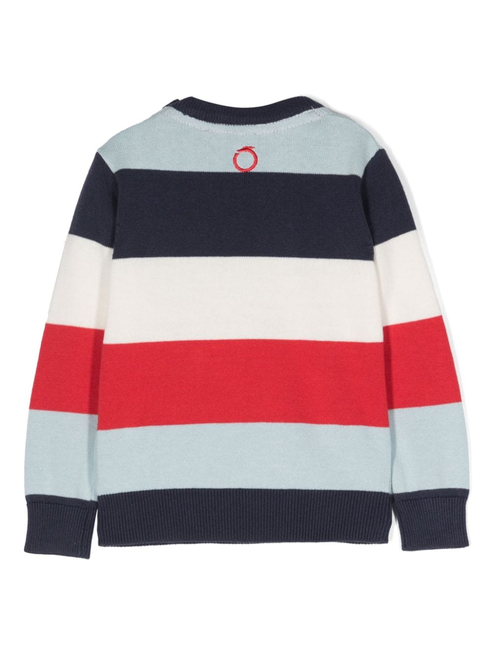 Blue, red and white baby sweater with logo