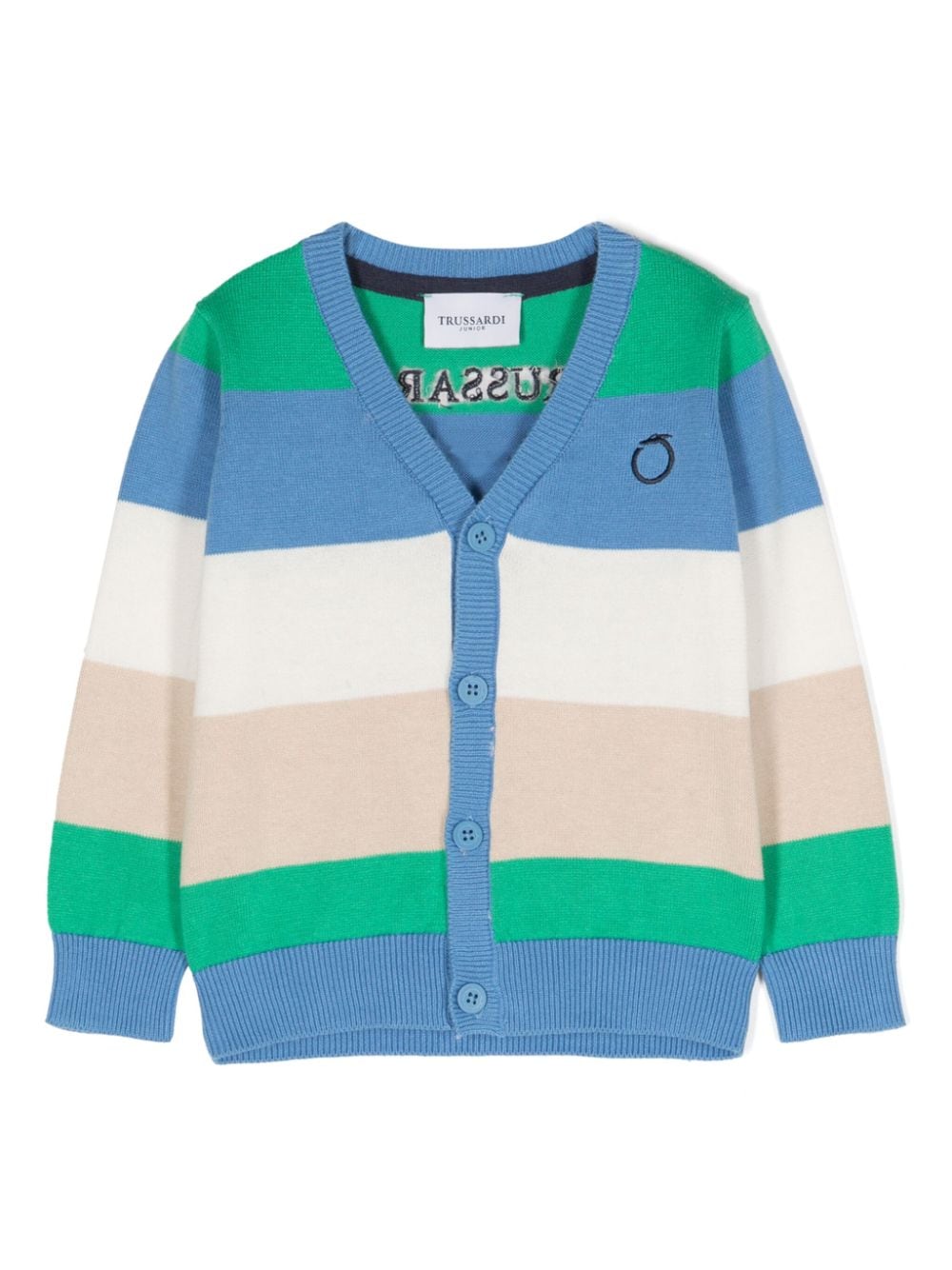 Blue, green and white cardigan for newborns with logo