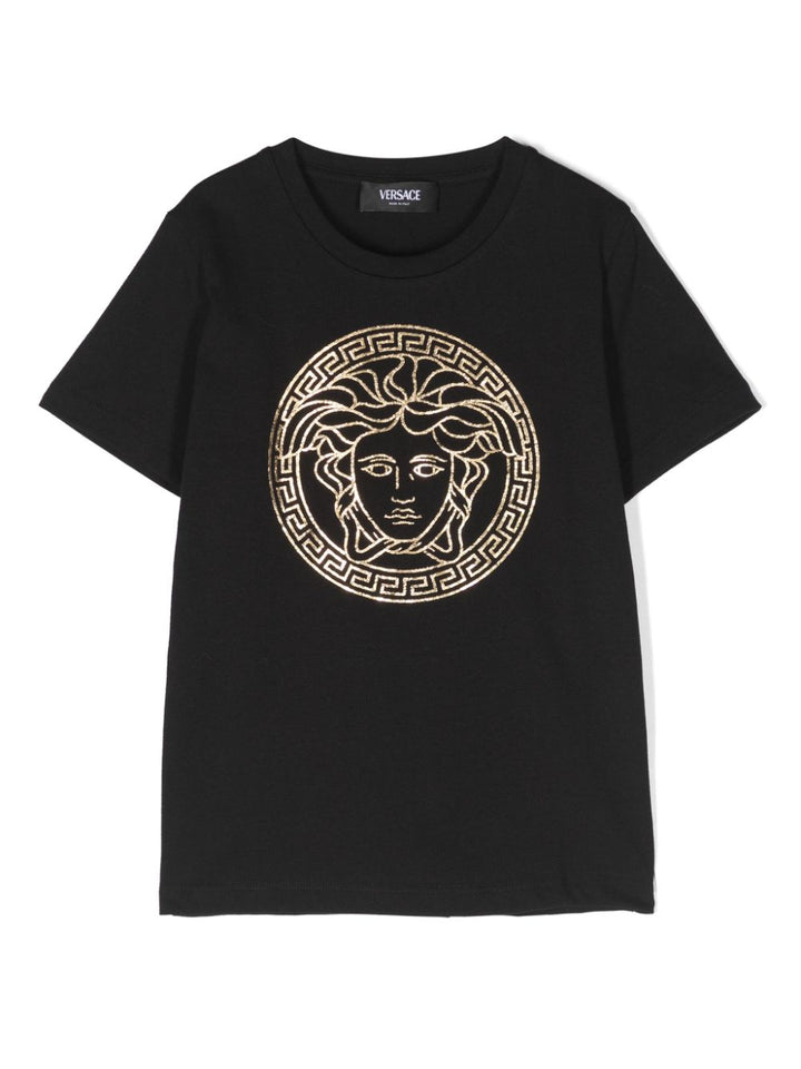 T-shirt nera per bambini con logo oro 10002391A10164 2B130 Versace Kids 