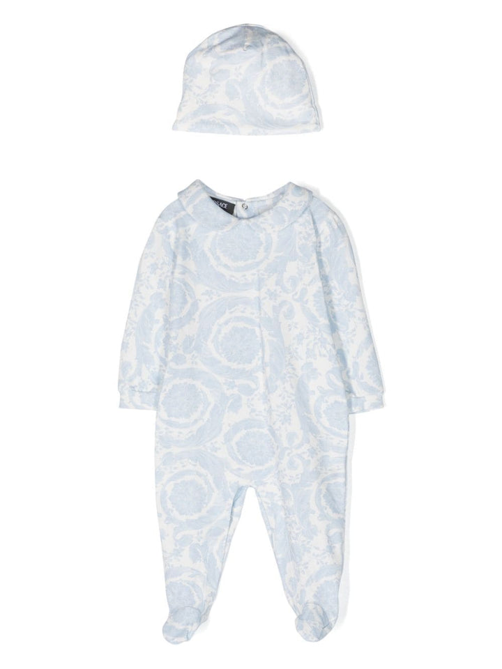 White baby onesie with light blue print