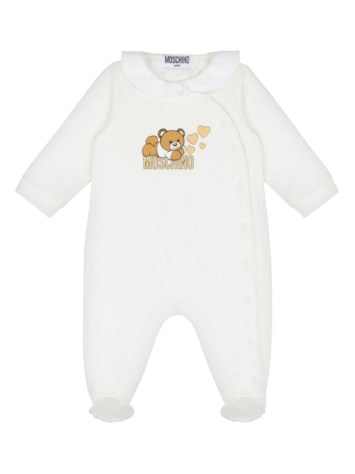White baby onesie with logo