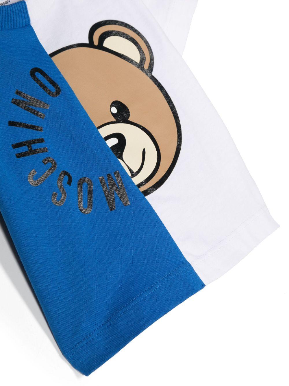 T-shirt bianca e blu per neonato con logo MUM03RLAA02 83526 Moschino Kids 