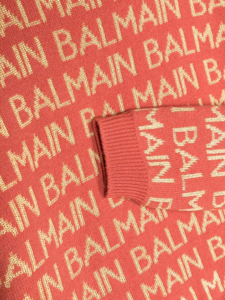 MAglione rosso corallo per bambina con logo oro