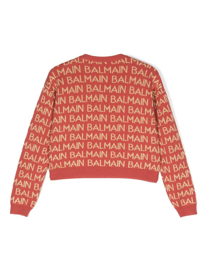 MAglione rosso corallo per bambina con logo oro