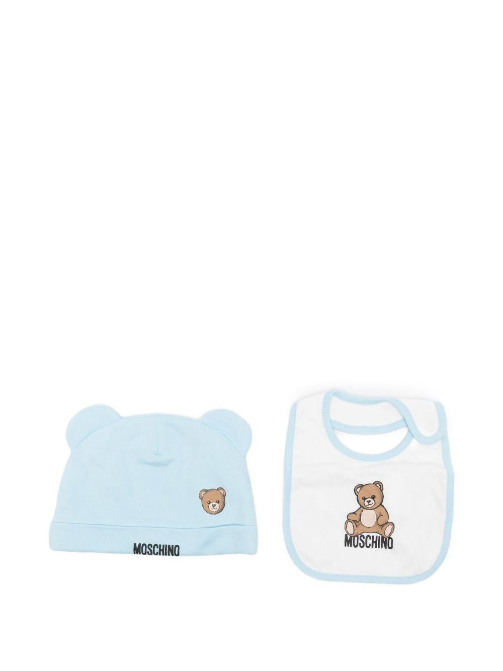 Cappello e bavetta azzurro per neonato MUY08LLCA40 40304 Moschino Kids 