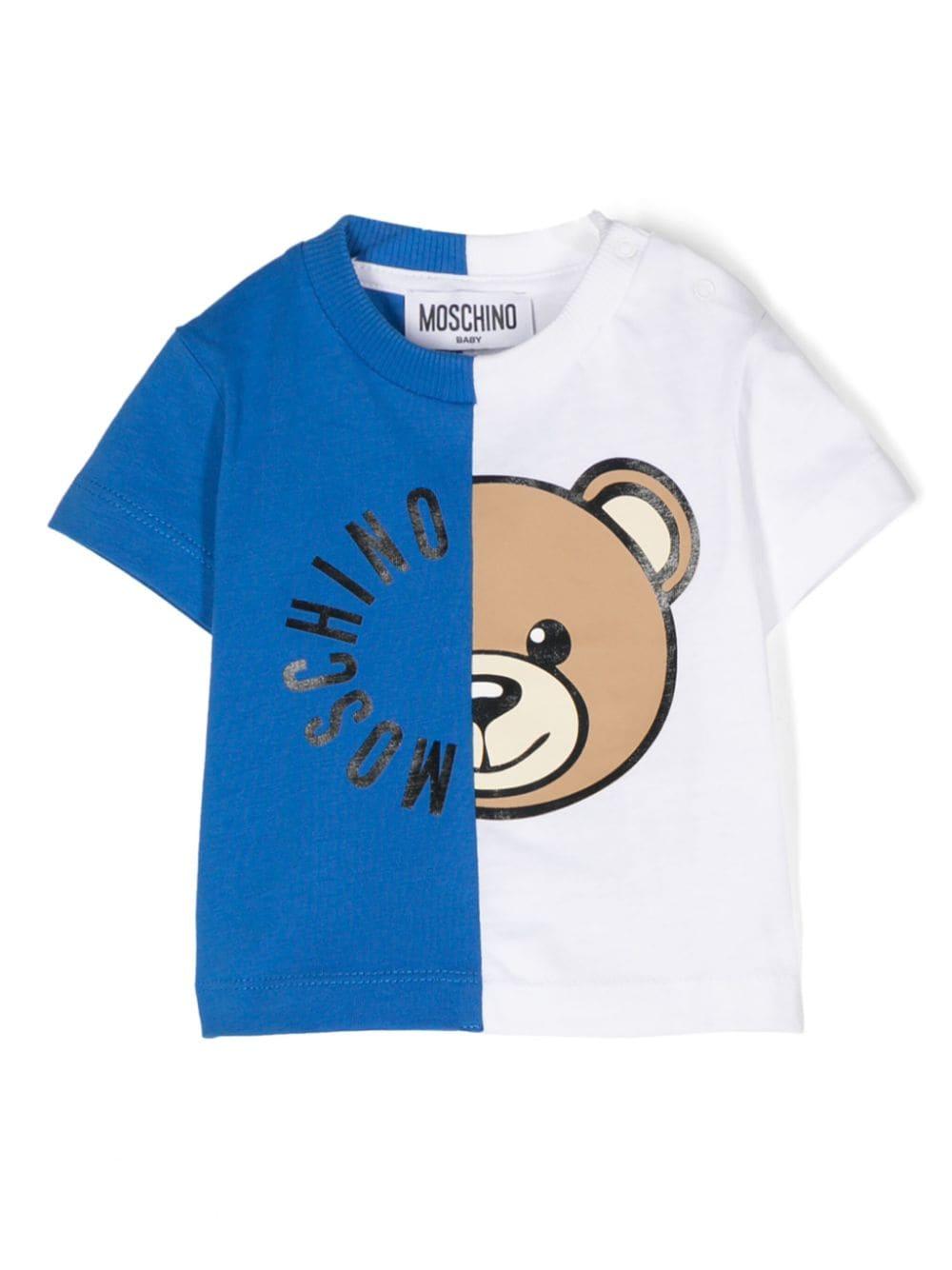 T-shirt bianca e blu per neonato con logo MUM03RLAA02 83526 Moschino Kids 