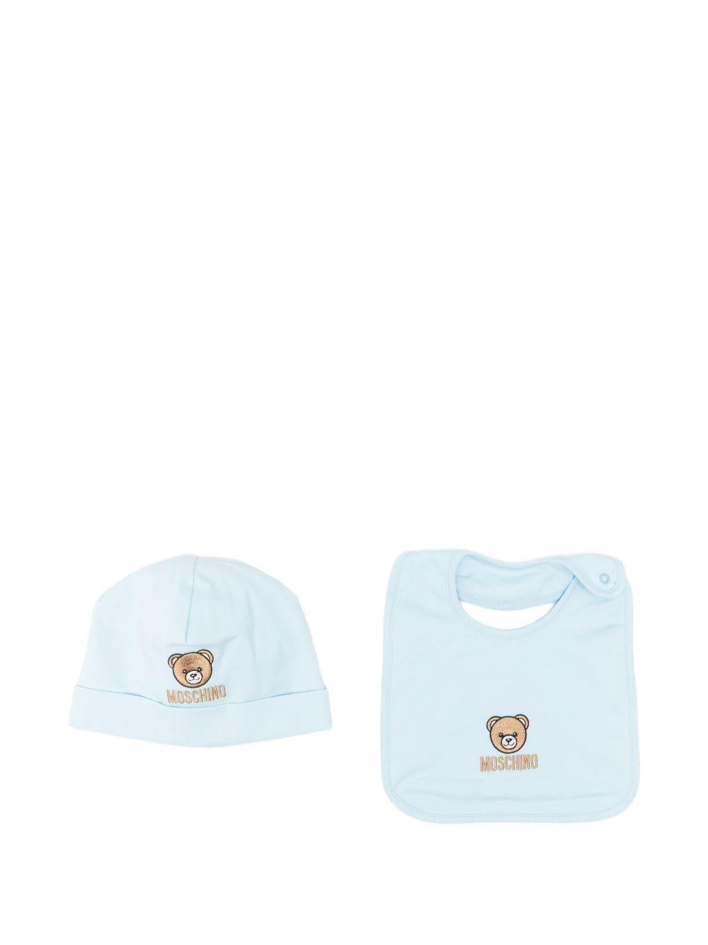 Kit cappello bavetta azzurra per neonato MRY03ELAA23 40304 Moschino Kids 