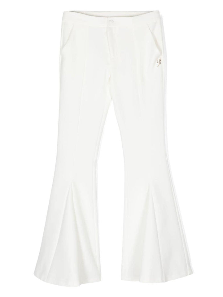 White trousers for girls with logo plaque