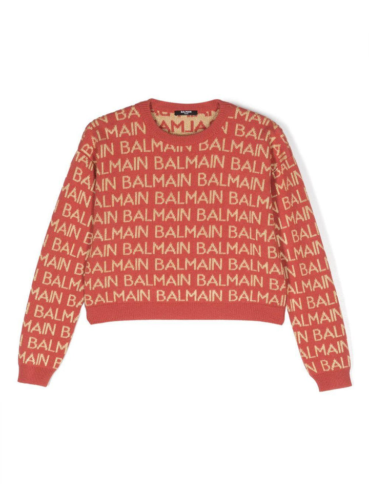 MAglione rosso corallo per bambina con logo oro