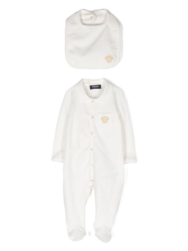 White baby onesie with logo